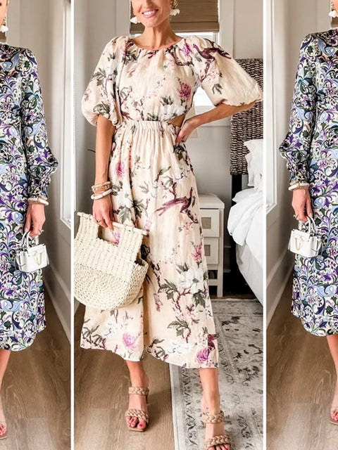 Vacation Mode Half Sleeves Back Cut-out Birdie Floral Midi Dress