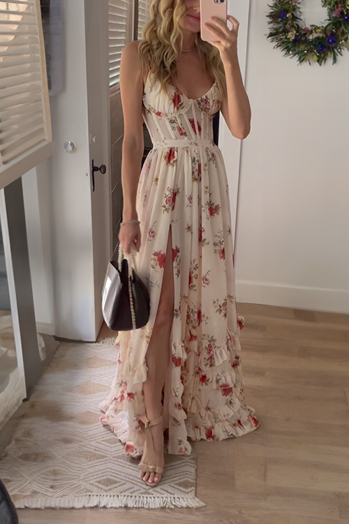 Camilladress Spaghetti Strap Ruffle Layered Slit Dainty Floral Maxi Dress