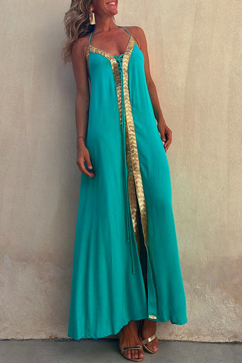 Camilladress V Neck Backless Sequin Detailed Slit Maxi Cami Dress