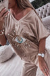 Camilladress Sequin Pattern V Neck Short Sleeve Top with Pocketed Pants Casual Set