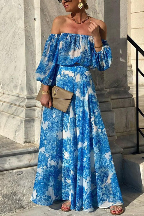 Camilladress Off Shoulder Lantern Sleeves Printed Flowy Maxi Dress