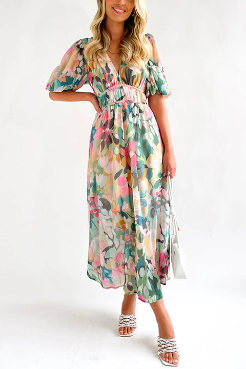 Camilladress V Neck Frilled Waist Floral Printed Maxi Swing Dress