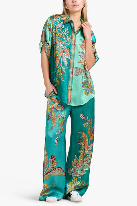 Camilladress Roll Up Short Sleeves Shirt and Wide Leg Pants Printed Satin Set