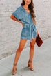 Camilladress V Neck Short Sleeves Tie Waist Pockets Denim Romper