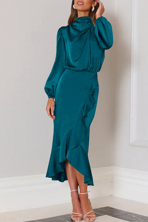 Camilladress Mockneck Long Sleeves Waisted Ruffle Mermaid Satin Dress