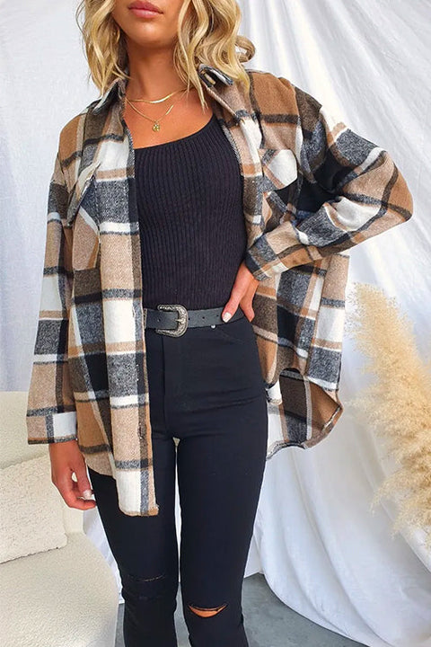 Camilladress Lapel Button Down Pockets Plaid Shacket Coat