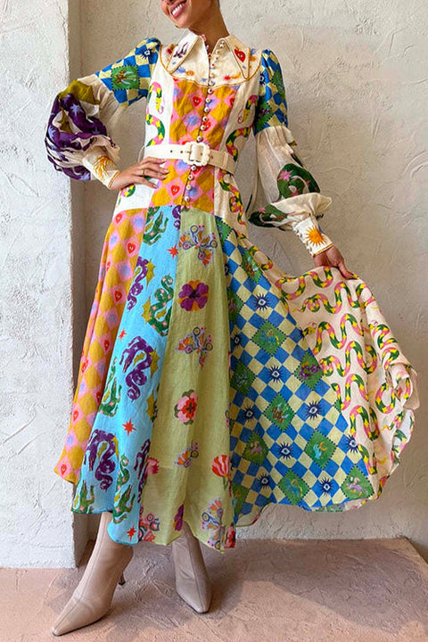 Camilladress Balloon Long Sleeves Belted Unique Printed Swing Maxi Shirtdress