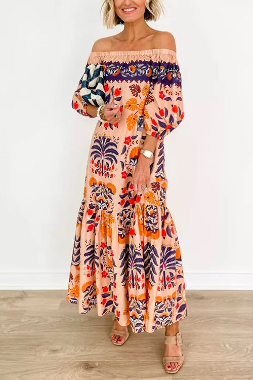 Camilladress Off Shoulder Lantern Sleeves Printed Ruffle Maxi Dress