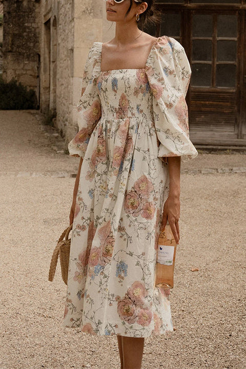 Square Neck Puff Sleeves Floral Print A-line Midi Dress