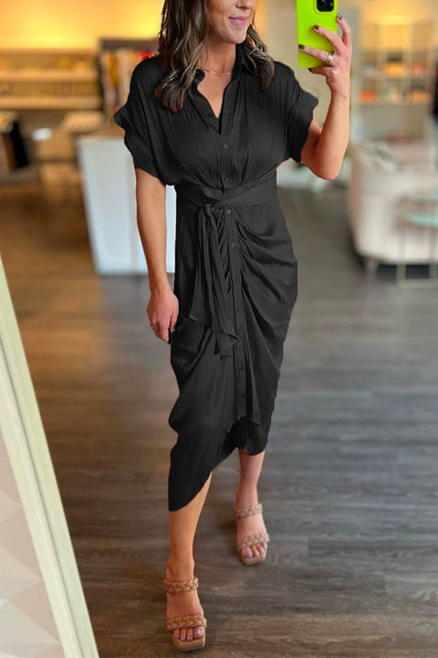 Camilladress Short Sleeve Tie Waist Ruched Midi Shirt Dress