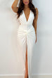 Camilladress Deep V Neck Backless Ruched Twist Front Slit Maxi Dress