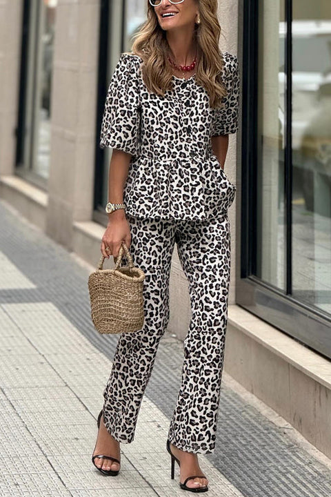 Camilladress Half Sleeves Button Up Ruffle Shirt and Straight Leg Pants Leopard Set