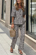 Camilladress Half Sleeves Button Up Ruffle Shirt and Straight Leg Pants Leopard Set