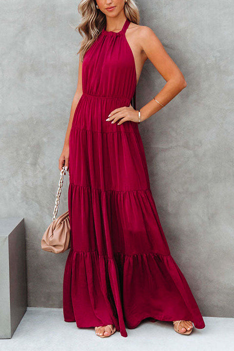 Camilladress Halter Backless Waisted Ruffle Tiered Maxi Holiday Dress