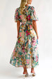 Camilladress V Neck Frilled Waist Floral Printed Maxi Swing Dress