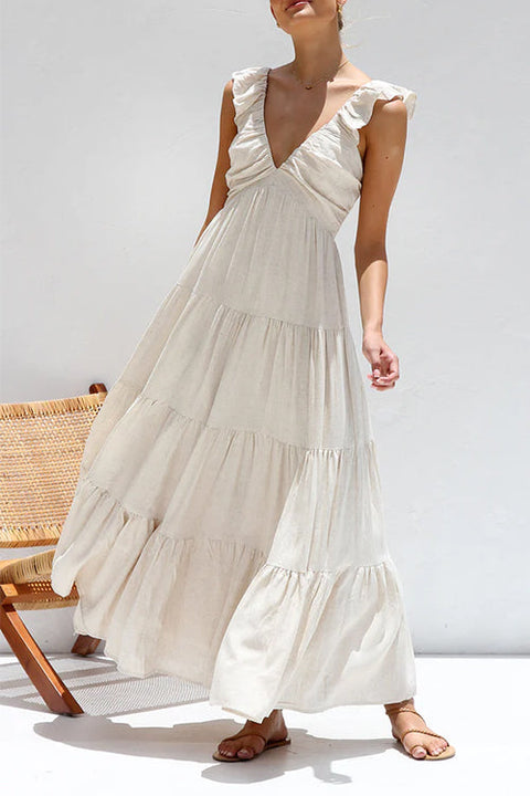 Camilladress V Neck Ruffle Trim Tiered Sleeveless Linen Maxi Dress