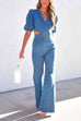 Camilladress V Neck Puff Sleeve Cut Out Bell Bottoms Denim Jumpsuit