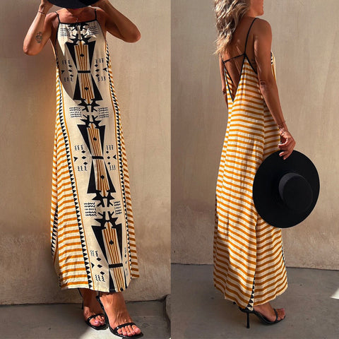 Camilladress Stripes Splice Backless Ethnic Printed Maxi Cami Dress