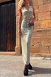 Cowl Neck Back Slit Sleeveless Metallic Maxi Bodycon Dress