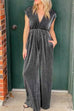 Camilladress Deep V Neck Cap Sleeves Waisted Wide Leg Velvet Jumpsuit