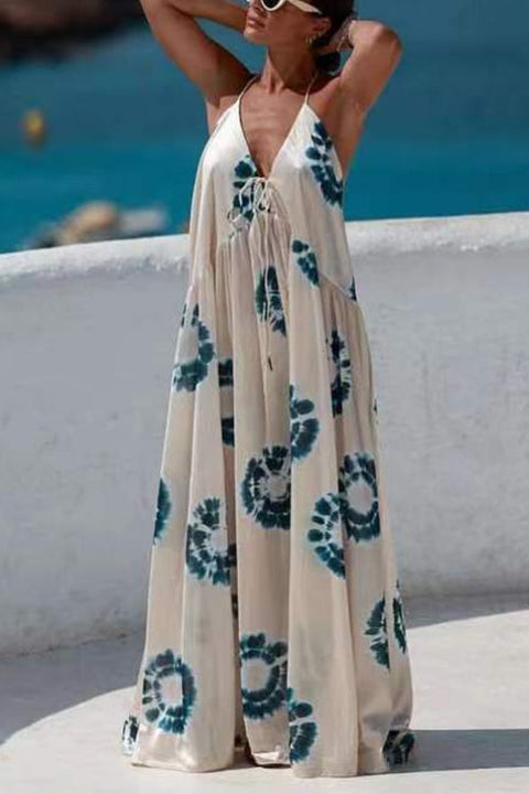 Camilladress Halter V Neck Open Back Printed Swing Maxi Vacation Dress