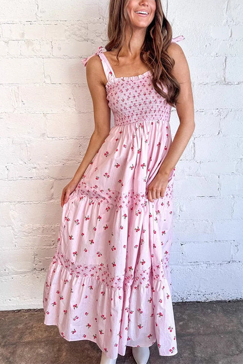 Camilladress Tie Shoulder Splice Floral Print Ruffle Maxi Cami Dress