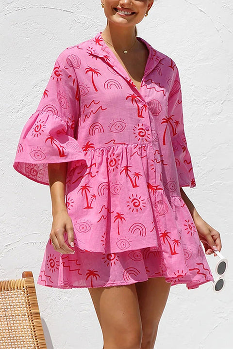 Camilladress Flare Sleeves Button Down Graffiti Print Ruffle Shirt Dress