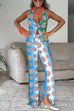 Halter V Neck Backless Top and Slit Straight Leg Pants Printed Set