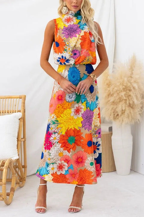 Camilladress Sleeveless Tie Neck Waisted Floral Print Maxi Dress