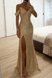 Camilladress V Neck Cold Shoulder High Slit Sequin Maxi Prom Dresses