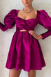 Cross Front Puff Sleeves Velvet Mini Party Dress