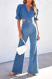 Camilladress V Neck Puff Sleeve Cut Out Bell Bottoms Denim Jumpsuit