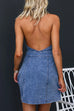 Halter V Neck Backless Pocketed Denim Mini Dress