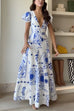 Deep V Neck Puff Sleeves Printed Swing Maxi Dress