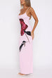 Moxidress U Neck Spaghetti Strap Rose Print Maxi Bodycon Dress