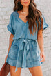 Camilladress V Neck Short Sleeves Tie Waist Pockets Denim Romper