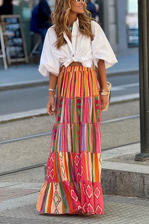 Camilladress Elastic Waist Ruffle Tiered Color Block Printed Maxi Skirt