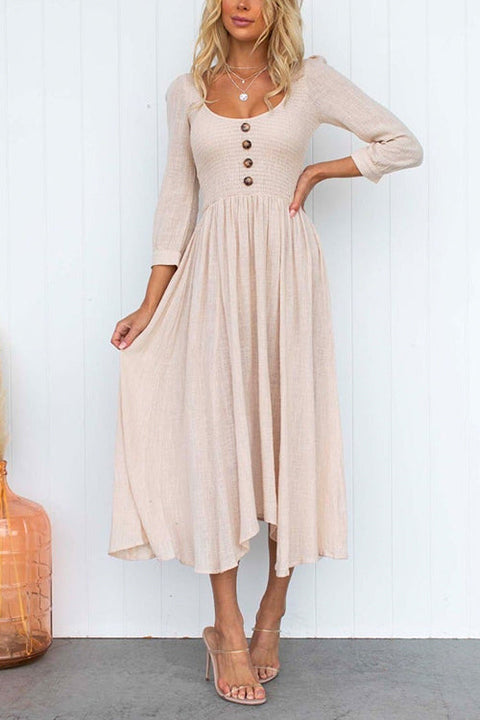 Scoop Neck Buttons Waisted Swing Midi Dress