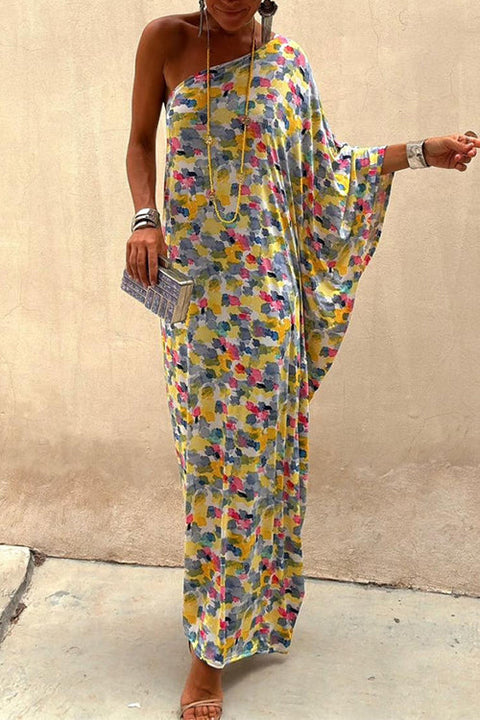 One Shoulder Batwing Sleeve Abstract Print Caftan Maxi Vacation Dress