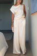 Asymmetric Shoulder Pullover Top and Elastic Waist Wide Leg Pants Set