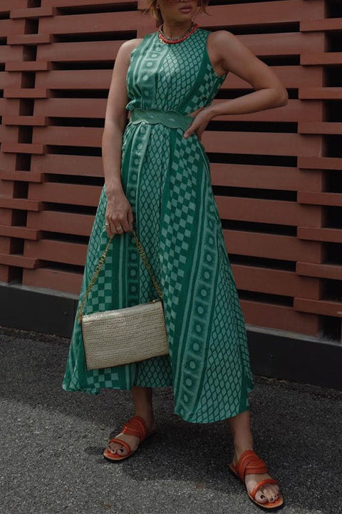 Sleeveless Cut Out Waist Geometric Print Midi Dress