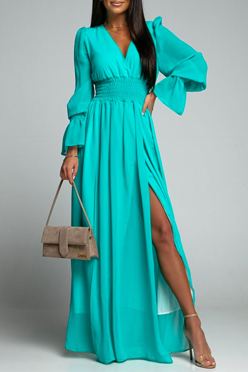 Camilladress V Neck Long Sleeve Smocked Waist Maxi Slit Dress