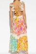 Camilladress V Neck Open Back Ruffle Trim Color Block Floral Maxi Holiday Dress