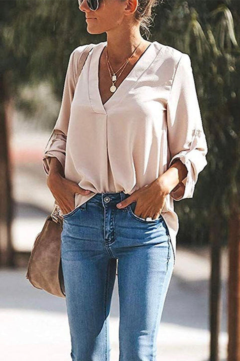 Camilladress V Neck Roll Up Long Sleeves Blouse Shirt