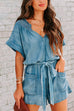 Camilladress V Neck Short Sleeves Tie Waist Pockets Denim Romper