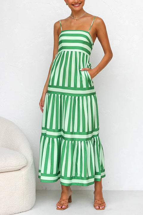 Camilladress Spaghetti Strap Tiered Color Block Striped Maxi Dress