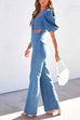 Camilladress V Neck Puff Sleeve Cut Out Bell Bottoms Denim Jumpsuit