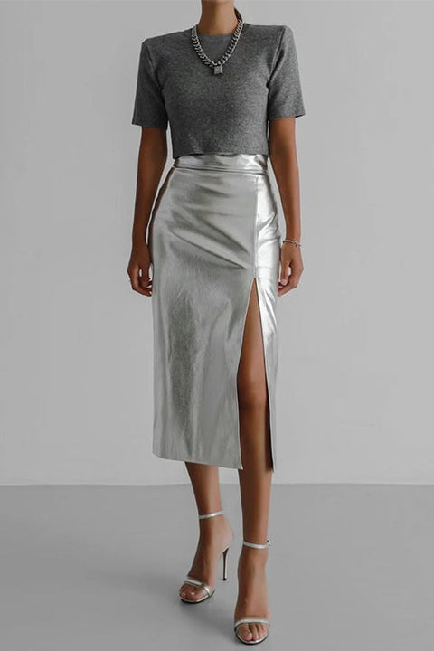 Camilladress High Waist Slit Front Faux Leather Midi Skirt