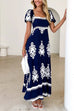 Square Neck Backless Abstract Print Maxi Dress