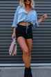 Camilladress Long Sleeves Drawstring Hem Cropped Denim Shirt